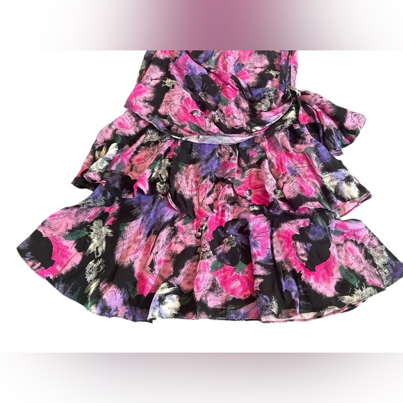 Vintage 80s Drop Waist Ruffle Dress Floral Pink Black Purple All That Jazz - Picture 2 of 6